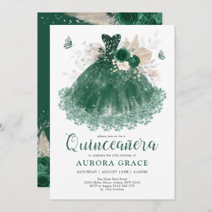 Convite Emerald Silver Flower Quinceañera Mis Quince Anos