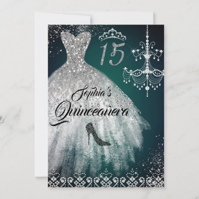Convite Emerald Silver Sparkle Diamond Dress Quinceanera (Frente)