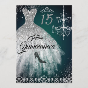 Convite Emerald Silver Sparkle Diamond Dress Quinceanera