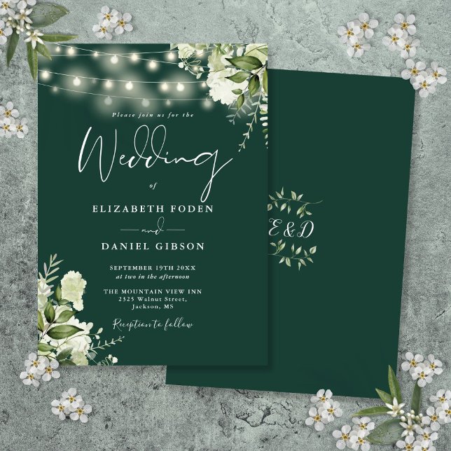 Convite Emerald String Lights Floral Monograma Weding (Emerald String Lights Floral Monogram Wedding Invitation)
