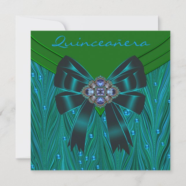 Convite Emerald Verde Azul Turquesa Quinceanera (Frente)