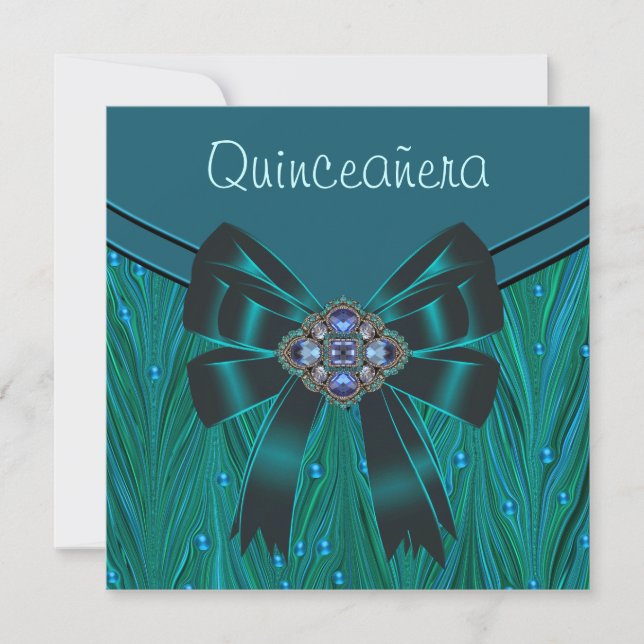 Convite Emerald Verde Azul Turquesa Quinceanera (Frente)