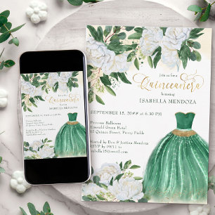 Convite Emerald Verde Branco Peônia Princesa Quinceanera