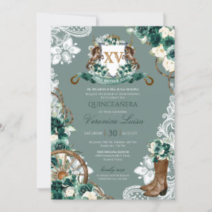 Convite Emerald Verde Crista Floral Charro Quinceanera Inv