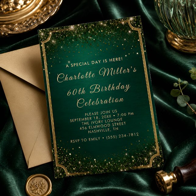 Convite Emerald Verde & Dourado Brilho 60º Aniversário (Criador carregado)