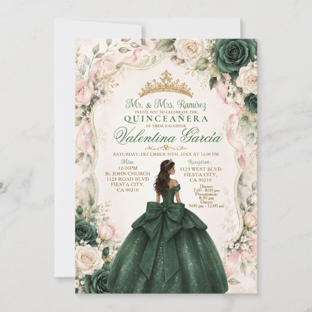 Convite Emerald Verde e Rosa Bege Quinceañera (Frente)
