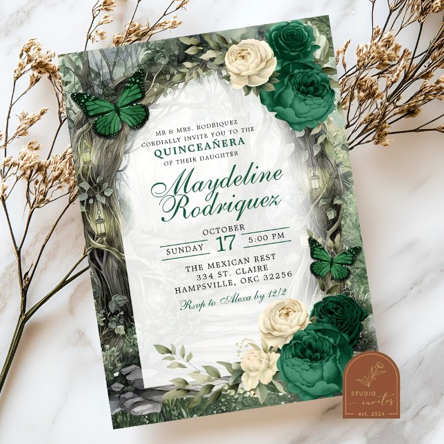 Convite Emerald Verde Fantástico Quinceanera Floresta (Criador carregado)
