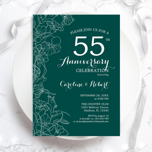 Convite Emerald Verde Floral 55º Aniversário (Criador carregado)