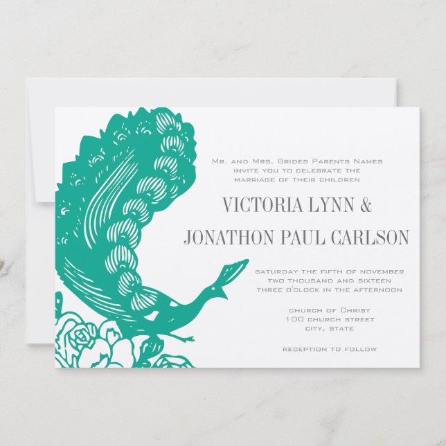 Convite Emerald Vintage Modern Peacock Wedding Invite (Verso)