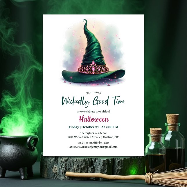 Convite Emerald Witch Hat Wicktly Good Time Halloween (Wickedly Good Time Halloween Party Invitation – Emerald Witch Hat & Pink Jewels)