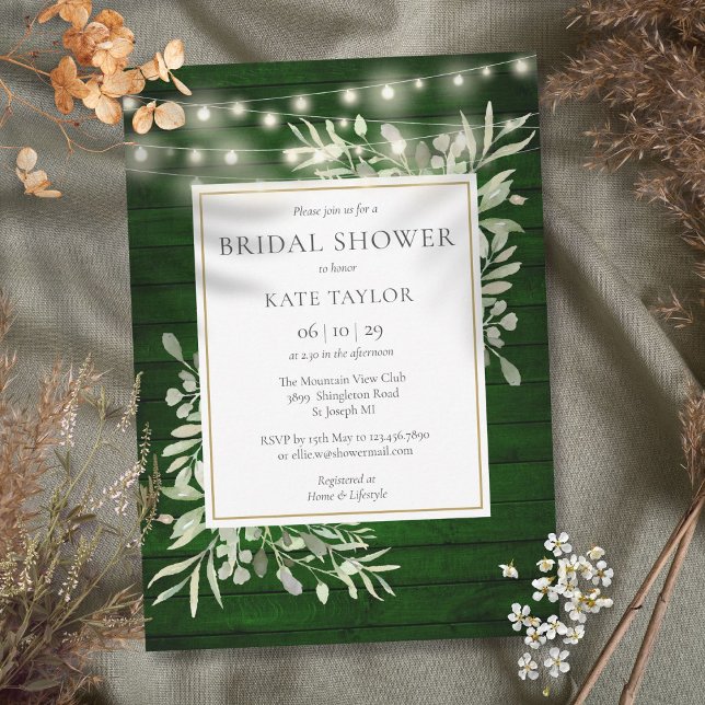 Convite Emerald Wood String Luz Chá de panela Verde (Emerald Wood String Lights Greenery Bridal Shower Invitation)