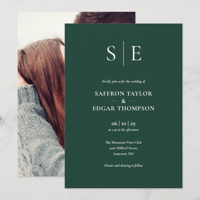 Convite Emeralda Verde e Dourado Monograma Foto Casamento (Frente/Verso)