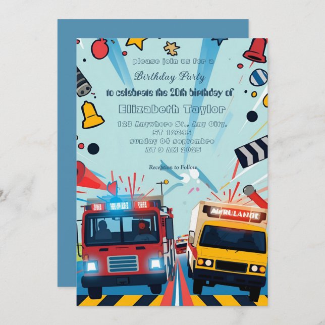 Convite Emergency Vehicles party  invitation    (Frente/Verso)