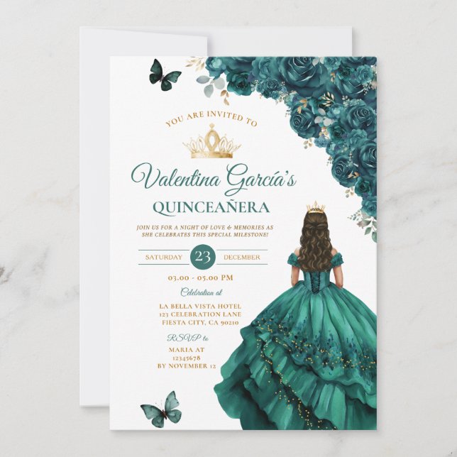 Convite Emerland Green Dress Quinceañera 15 Anos Gold (Frente)