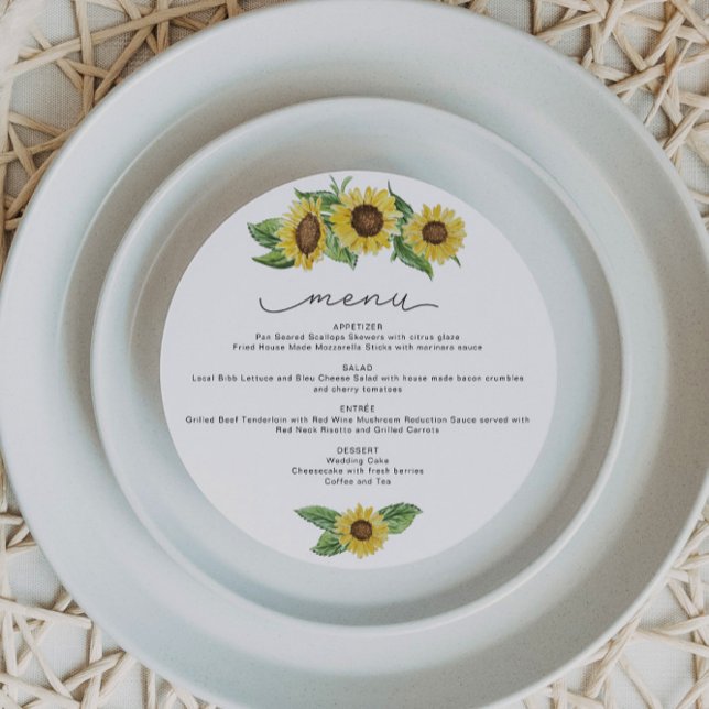 Convite EMMA Ruscolor Watercolor Sunflower Fall Menu Round (Criador carregado)
