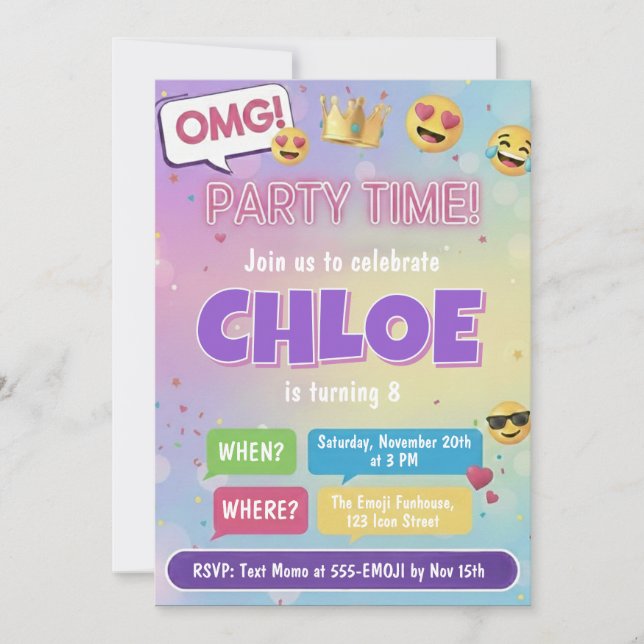 Convite Emoji Party Birthday Invitation Neon Kids Theme (Frente)