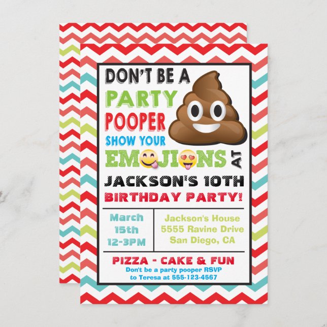 Convite Emoji Party Pooper Birthay Invitation (Frente/Verso)
