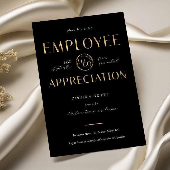 Convite Employee Appreciation Black & Gold Logo Business (Criador carregado)