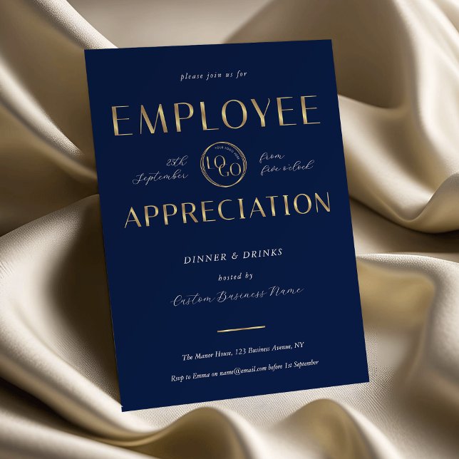 Convite Employee Appreciation Navy & Gold Logo Business (Criador carregado)