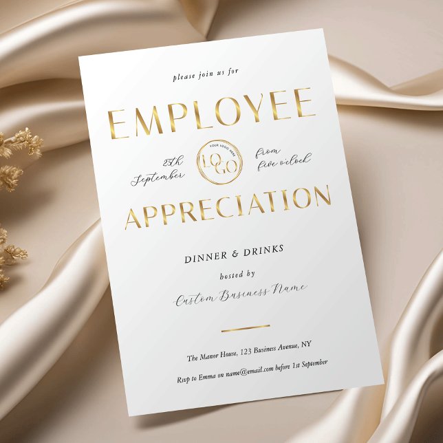 Convite Employee Appreciation White & Gold Logo Business (Criador carregado)