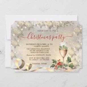 Convite Empresa Champagne Holly Berry Gold Snowflakes