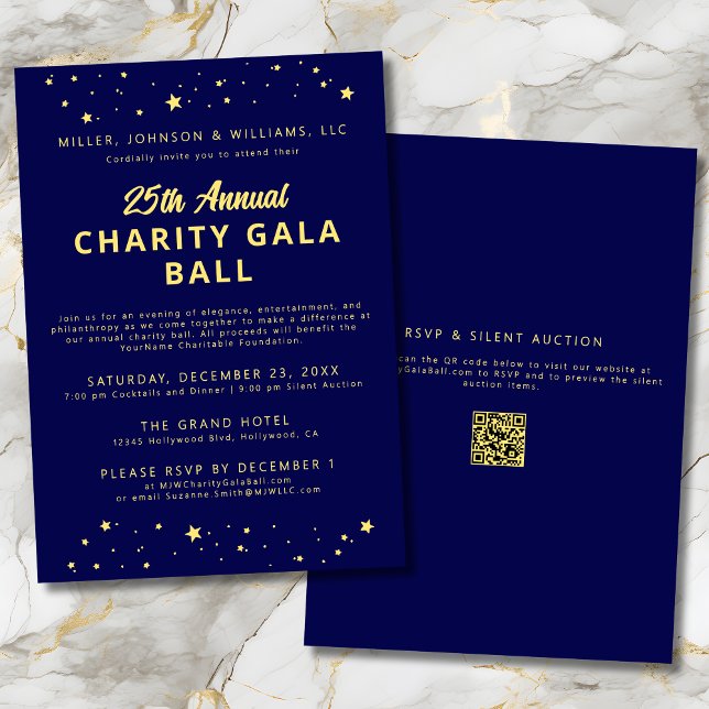 Convite Empresa Character Gala Ball Fundraiser Azul Dourad (Company Charity Gala Ball Silent Auction Fundraiser Navy Blue & Gold Invitation with QR Code, Stars.)
