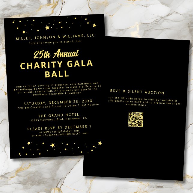Convite Empresa Character Gala Ball Fundraiser Black Doura (Company Charity Gala Ball Silent Auction Fundraiser Black and Gold Invitation with QR Code, Stars.)