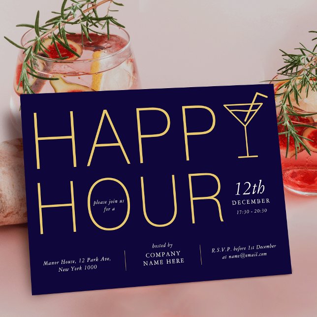 Convite Empresa de Apreciação de Cliente da Hora Feliz do  (Modern Happy Hour Client Appreciation Business Invitation in navy blue and gold colors)