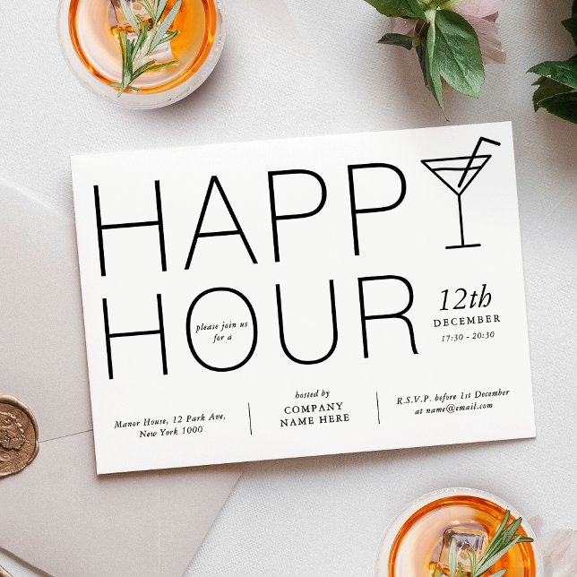 Convite Empresa de Apreciação de Cliente em Horário Feliz  (Minimalist Happy Hour Client Appreciation Business Invitation in black and white)