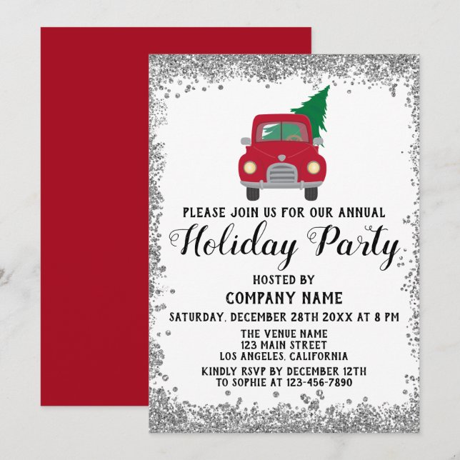Convite Empresa de Árvore de Natal Caminhão Vermelho Festa (Frente/Verso)