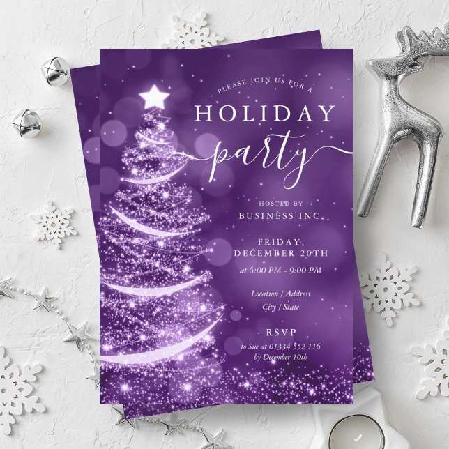 Convite Empresa de Árvore de Natal Roxa Elegante Férias  (Elegant Purple Christmas Tree Company Holiday Invitation)