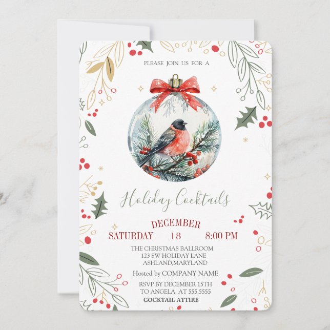Convite Empresa de Bolas de Natal Cardinal Bird Holly Berr (Frente)