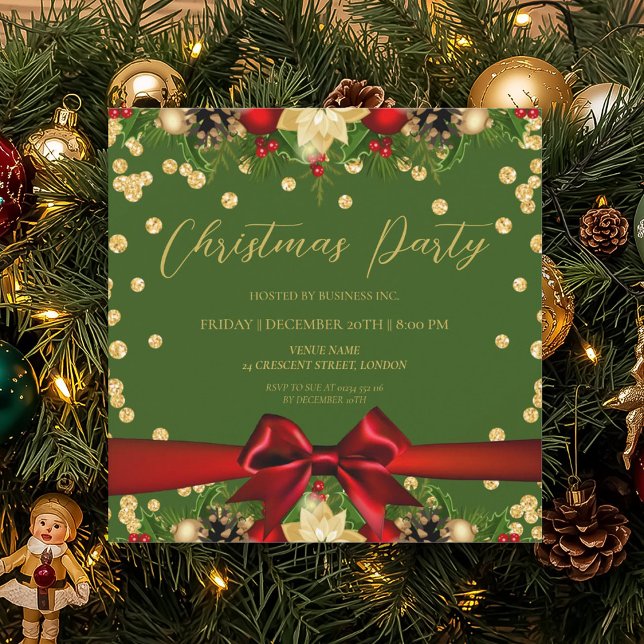 Convite Empresa Dourada de natal com brilho verde (Gold Green Ribbon Glitter Christmas Corporate Invitation)