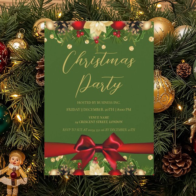 Convite Empresa Dourada de natal com brilho verde (Gold Green Ribbon Glitter Christmas Corporate Invitation)