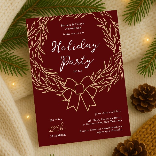 Convite Empresa Feriado Festa Vermelha e Dourada Terra de  (Modern minimal greenery wreath Business Holiday Party Invitation in red and gold)