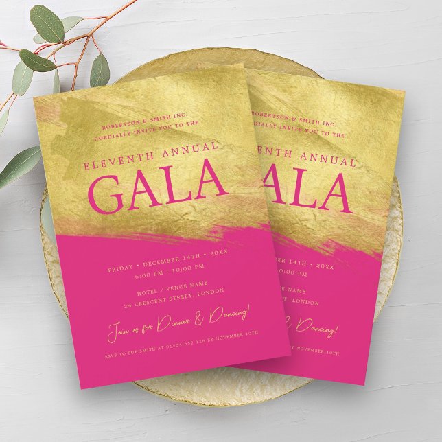 Convite Empresa GALA Dourada Pincel Rosa Quente (Elegant GALA Company Business Gold Brush Hot Pink Invitation)