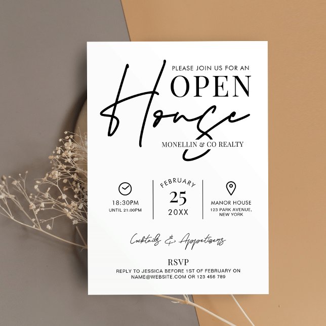 Convite Empresa Imobiliária Branca Negra de Casa Aberta Mo (Modern Open House Invitation design in black and white, perfect to promote your next event)