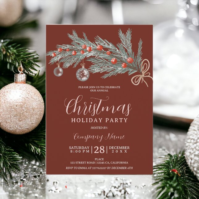 Convite Empresa russa de pinheiros vermelhos de Natal (Rustic green pine red Christmas company corporate Invitation)