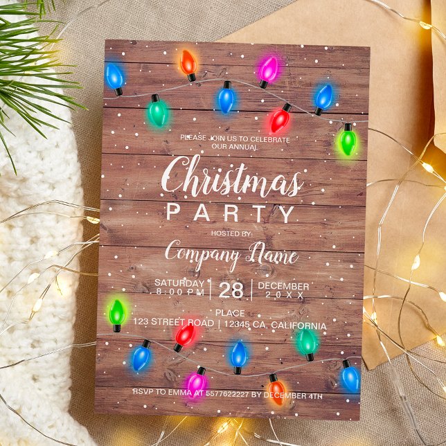 Convite Empresas de lenha (Christmas lights brown wood business corporate invitation)