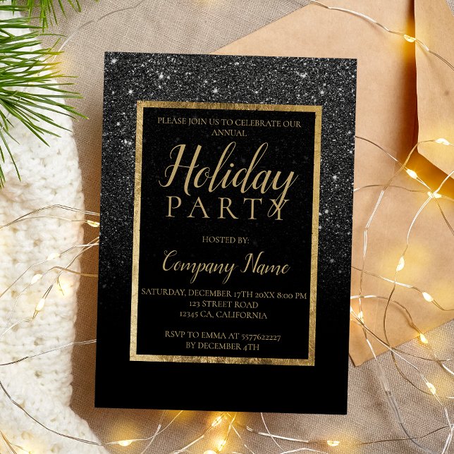 Convite Empresas de ouro para relâmpagos a preto Natal (Black glitter gold business corporate Christmas Invitation)