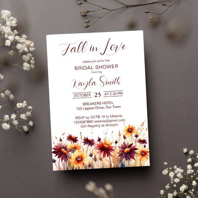 Convite Enamorarse de dalias laranja borgonha no chá de no (Fall in love burgundy yellow dahlias bridal shower template invitation instant download fall themed)