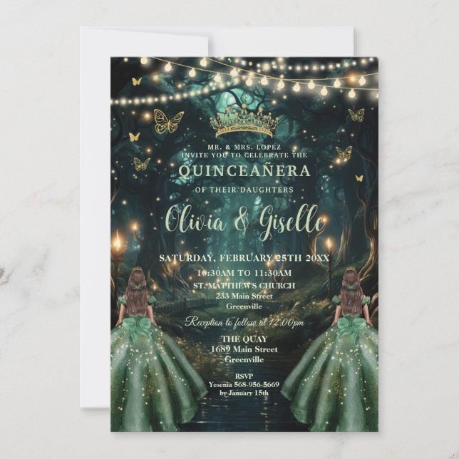 Convite Encantada Floresta Emerald Green Twins Quinceañera (Frente)