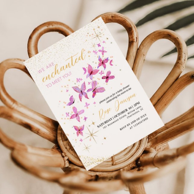 Convite Encantado em Conhecê-la Chuvinha de Bebê Borboleta (Magical pink and gold glitter baby shower invitation design for our mom to be and her little girl)