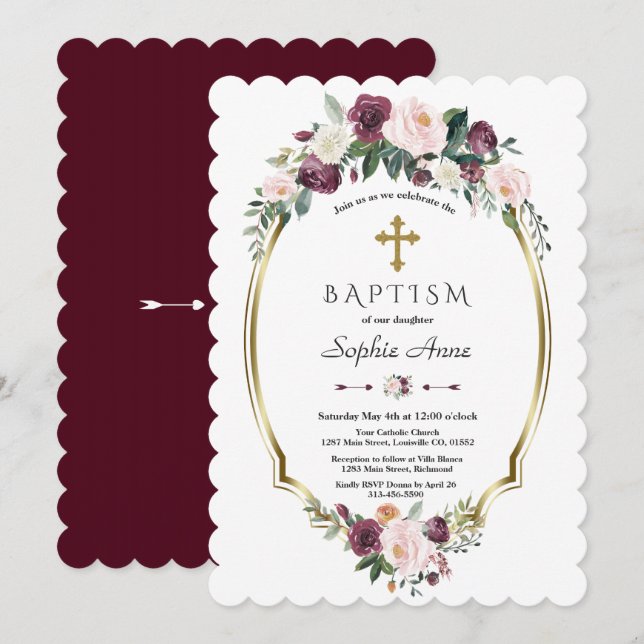 Convite Encantador Burgundy Blush Floral Baptism Dourado (Frente/Verso)