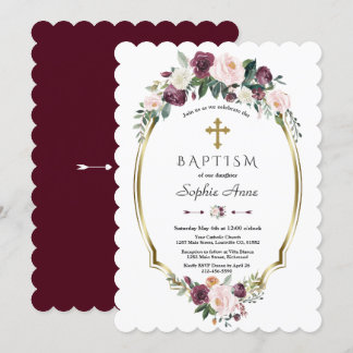 Convite Encantador Burgundy Blush Floral Baptism Dourado