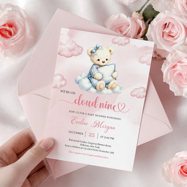 Convite Encantador de Chá de Bebê Urso Teddy Nuvem (Delightful Teddy Bear Baby Shower Invite Cloud Nine)