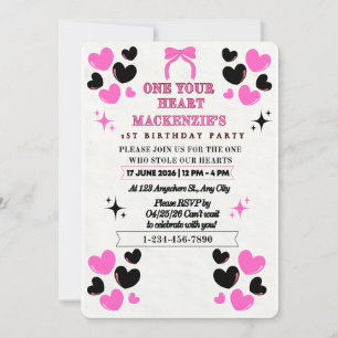 CONVITE ENCANTADOR PINK BLACK HEARTS FLAT 5X7 ANIVERSÁRIO