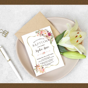 Convite Encantador Quadro Dourado Blush Batismo Floral Ros