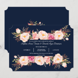 Convite Encantador Quadro Floral Rosa Casamento Azul Naval