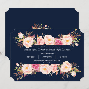 Convite Encantador Quadro Floral Rosa Casamento Azul Naval